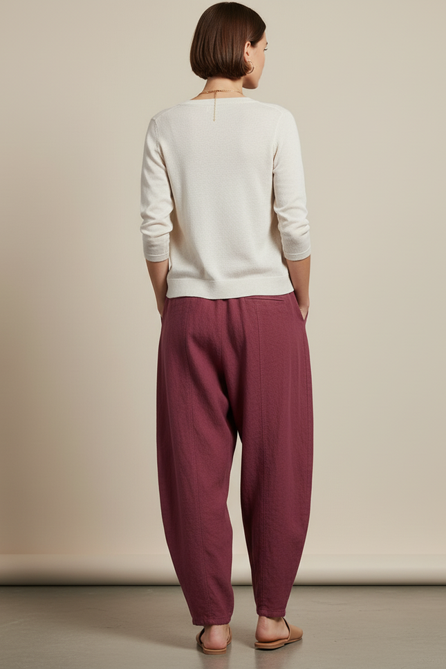 Pantalon Baggy Bordeaux Ample Lin Fluide Femme - vue 2