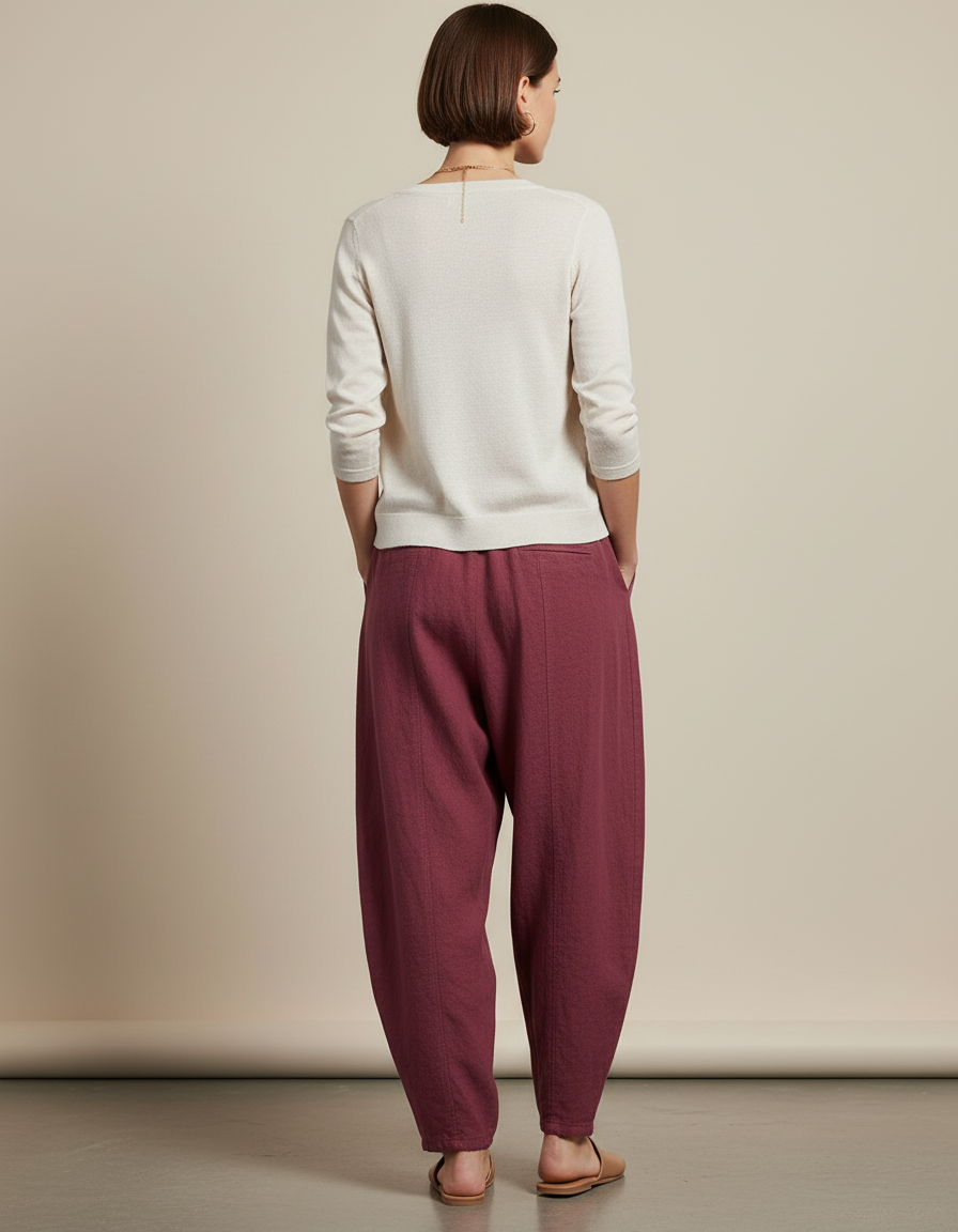 Pantalon Baggy Bordeaux Ample Lin Fluide Femme - vue 2