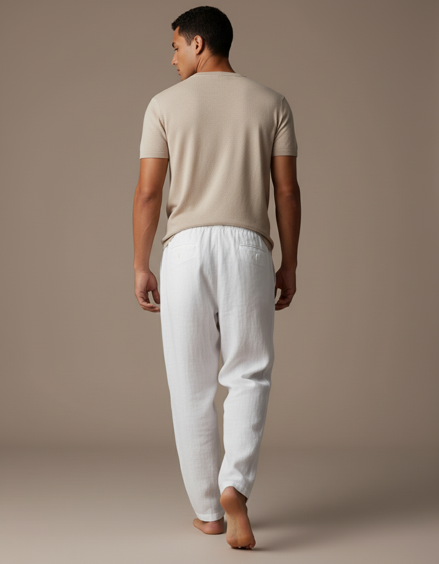 Pantalon Baggy Blanc Lin Ample Décontracté Cordon - vue 2