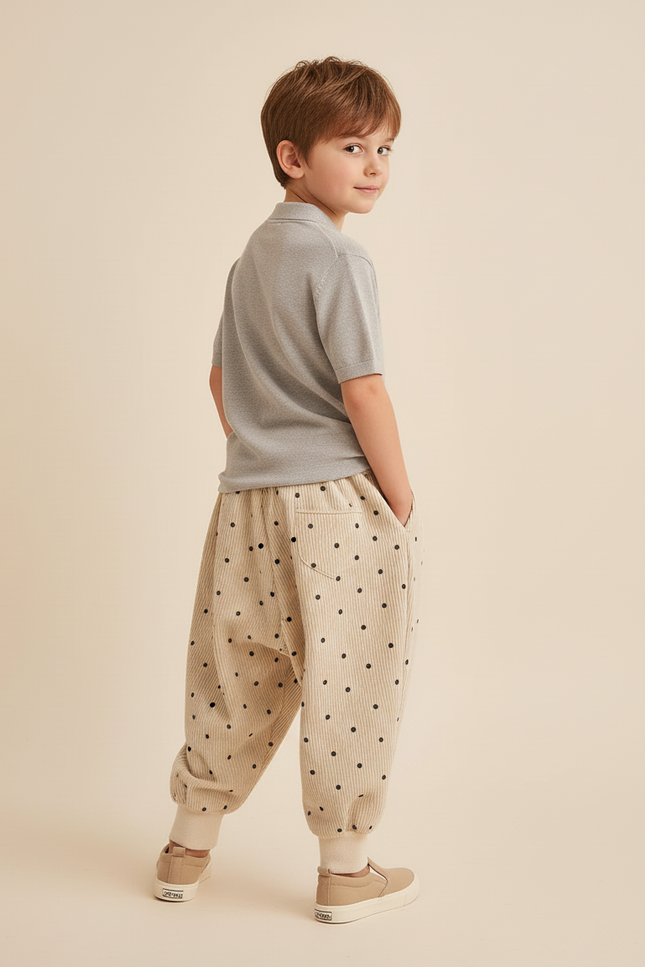 Pantalon Baggy Velours Côtelé Beige Points Noirs Ample Enfant - Cordé - vue 2