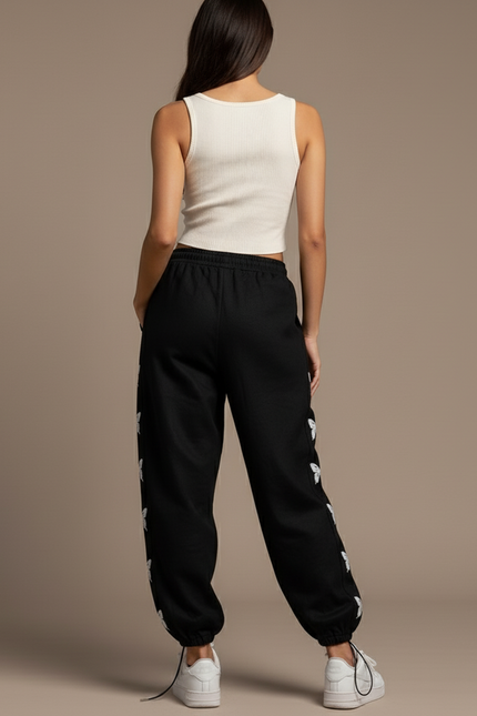 Pantalon Baggy Noir Papillons Ample Cordon Streetwear - Molleton - vue 2