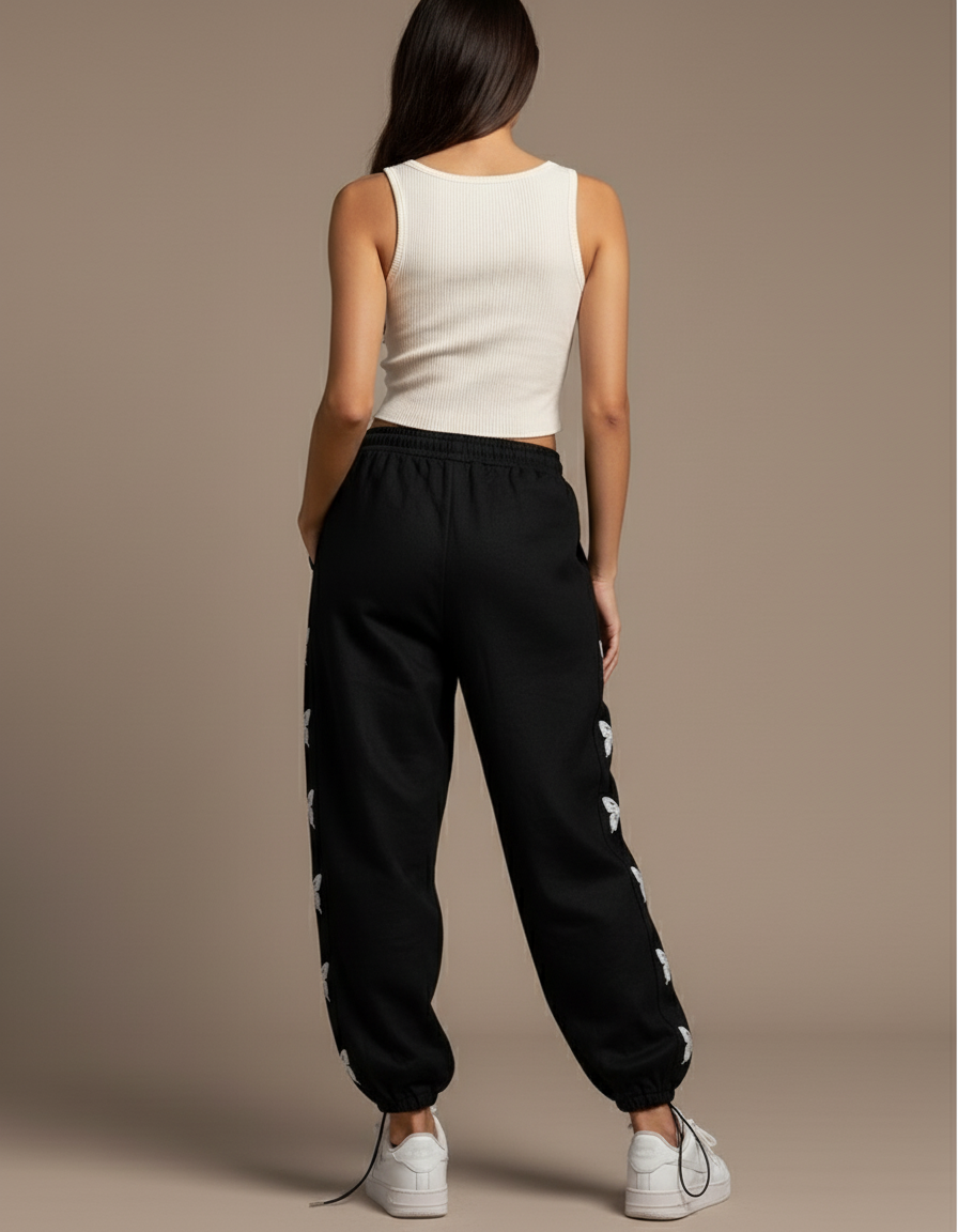 Pantalon Baggy Noir Papillons Ample Cordon Streetwear - Molleton - vue 2