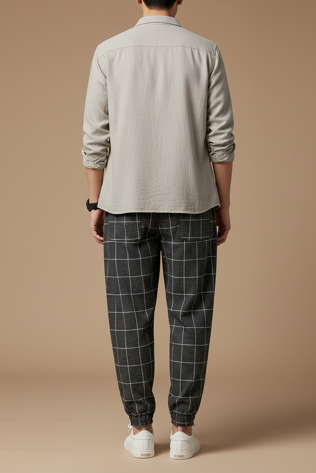 Pantalon Baggy Carreaux Gris Ample Cordon Homme - Laine - vue 2
