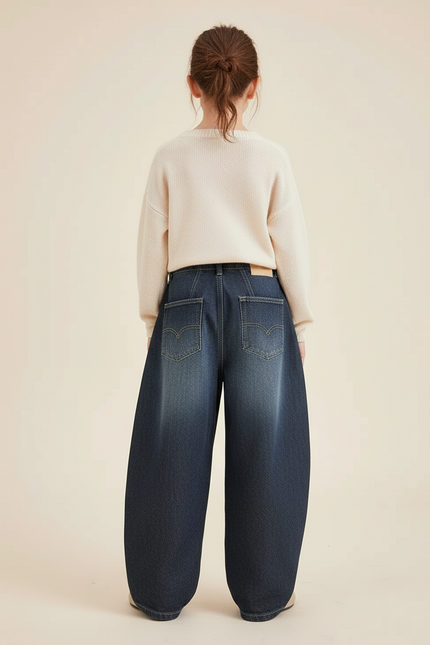 Pantalon Baggy Jean Ample Délavé Fille Décontracté - Bleu - vue 2