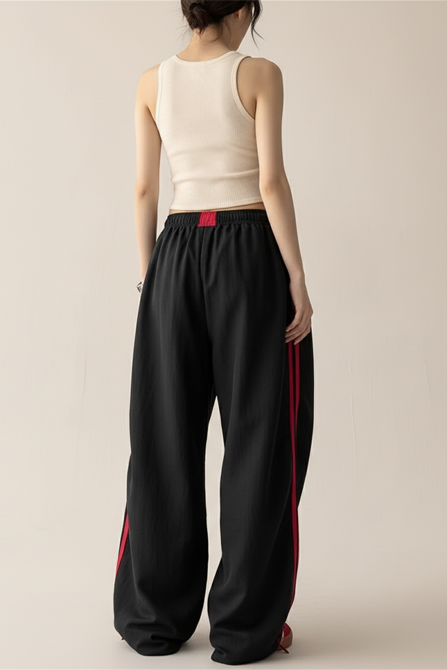 Pantalon Baggy Noir Rayures Rouges Ample Cordon - Coton - vue 2