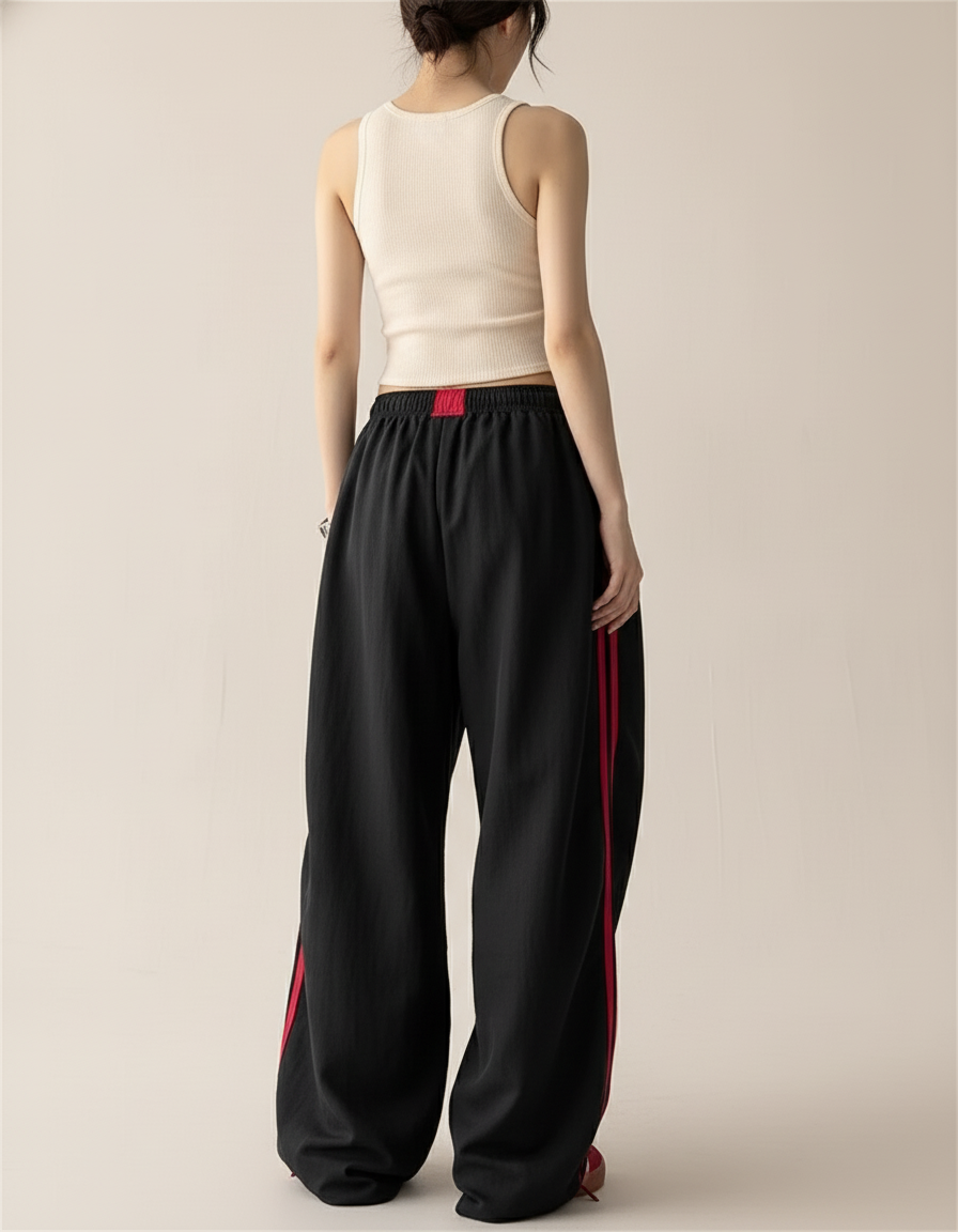 Pantalon Baggy Noir Rayures Rouges Ample Cordon - Coton - vue 2