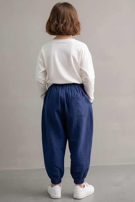 Pantalon Baggy Bleu Marine Ample Coton Lin Enfant - vue 2