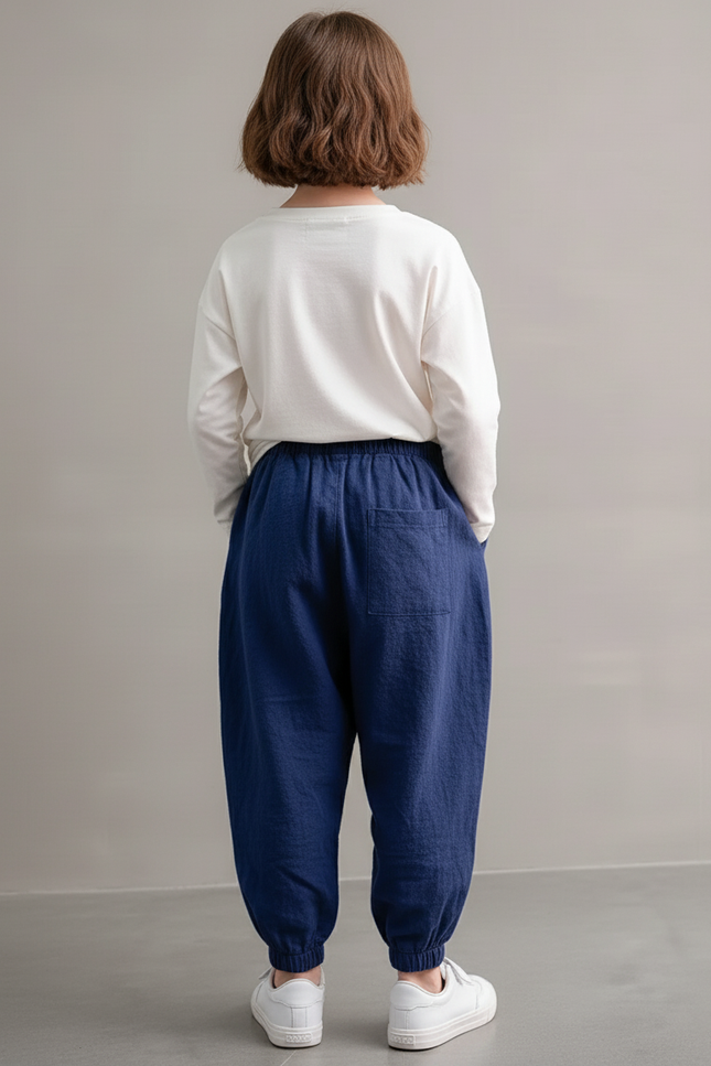 Pantalon Baggy Bleu Marine Ample Coton Lin Enfant - vue 2