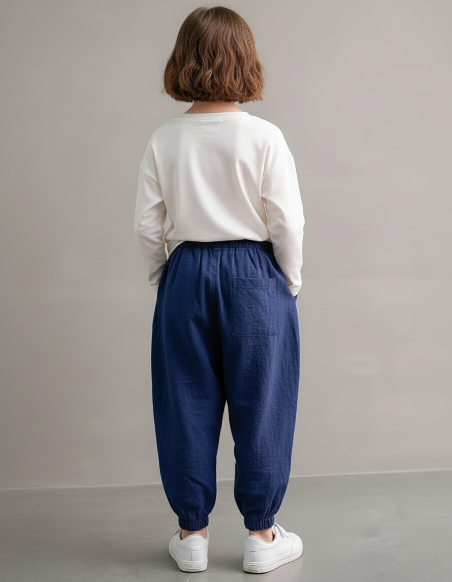 Pantalon Baggy Bleu Marine Ample Coton Lin Enfant - vue 2