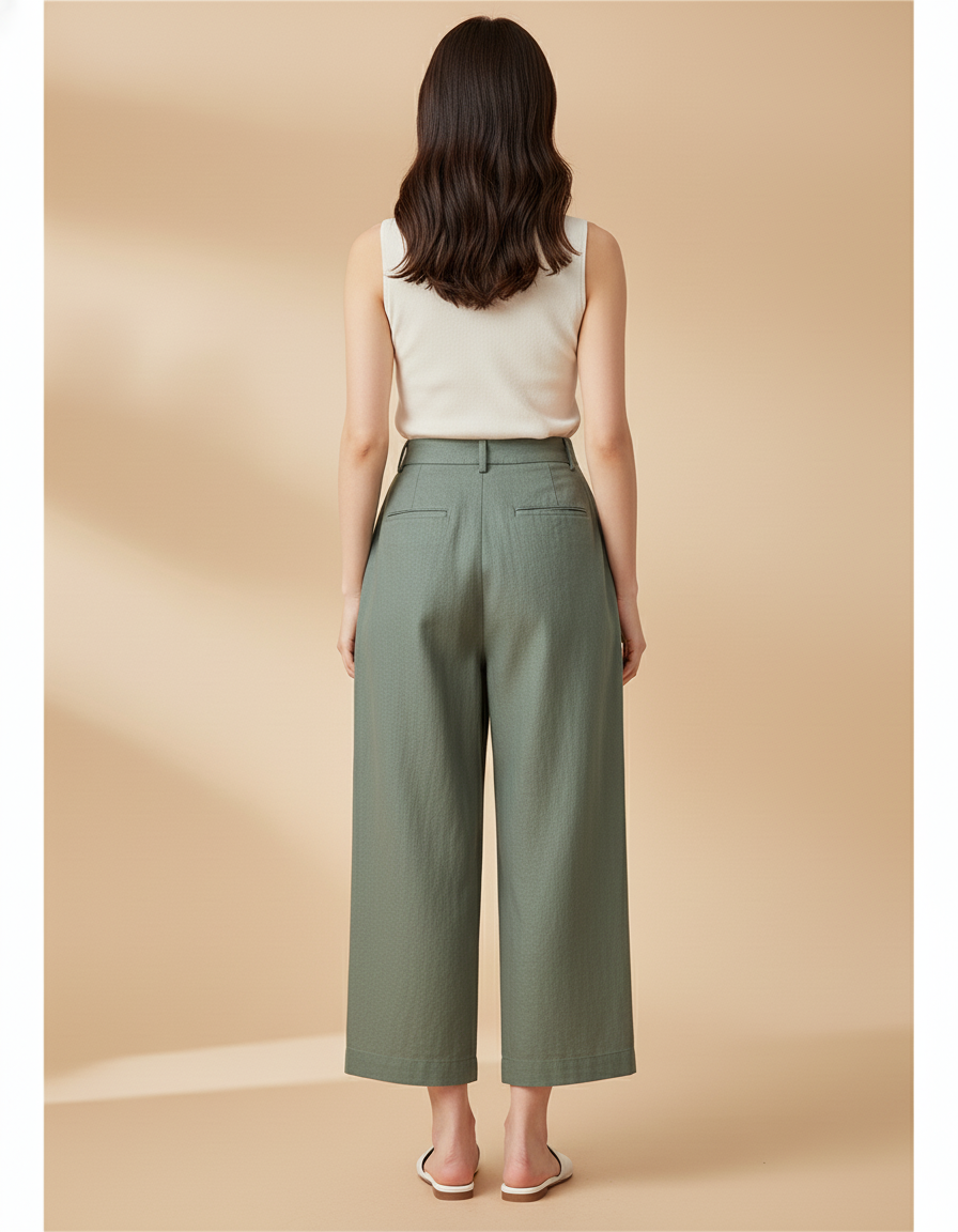 Pantalon Baggy Vert Kaki Ample Décontracté Fluide Coton - Lin - vue 2
