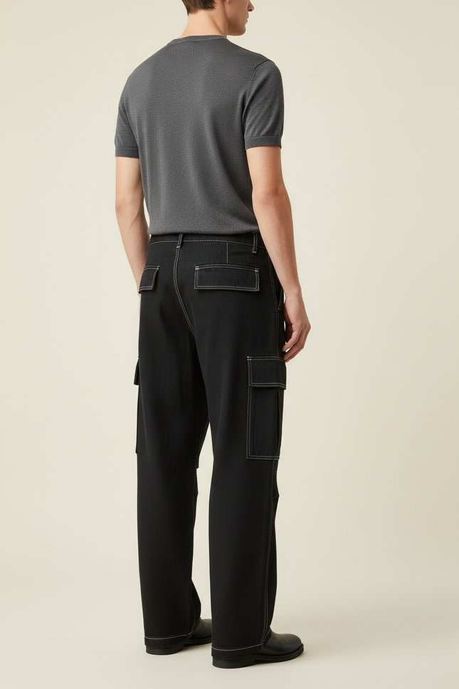 Pantalon Baggy Noir Coton Ample Cargo Couture - Toile - vue 2