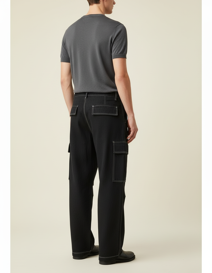 Pantalon Baggy Noir Coton Ample Cargo Couture - Toile - vue 2