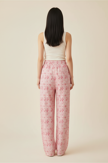 Pantalon Baggy Plissé Fluide Imprimé Rose Décontracté - Polyester - vue 2