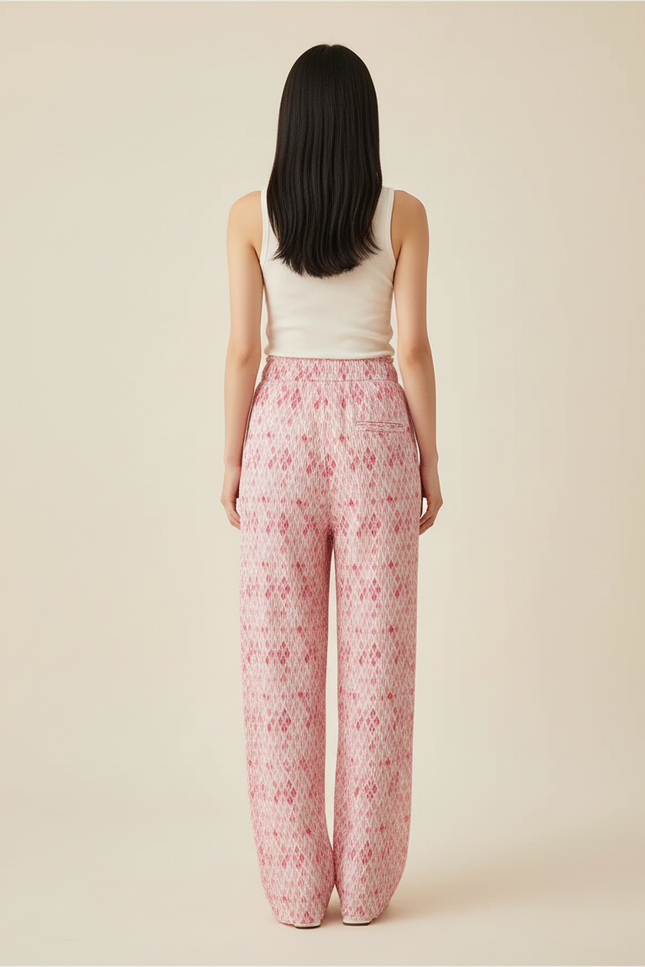 Pantalon Baggy Plissé Fluide Imprimé Rose Décontracté - Polyester - vue 2