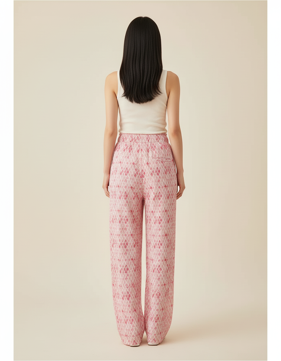 Pantalon Baggy Plissé Fluide Imprimé Rose Décontracté - Polyester - vue 2