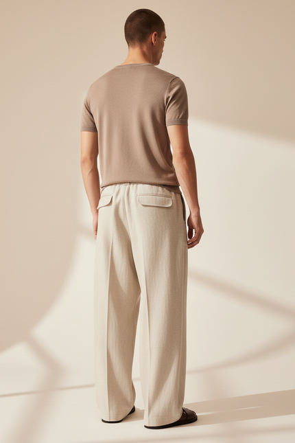 Pantalon Baggy Lin Beige Large Cordon Décontracté Homme - vue 2