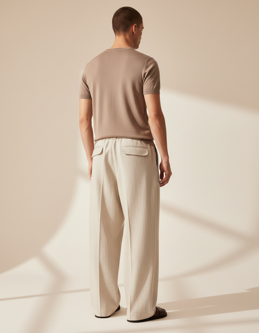 Pantalon Baggy Lin Beige Large Cordon Décontracté Homme - vue 2