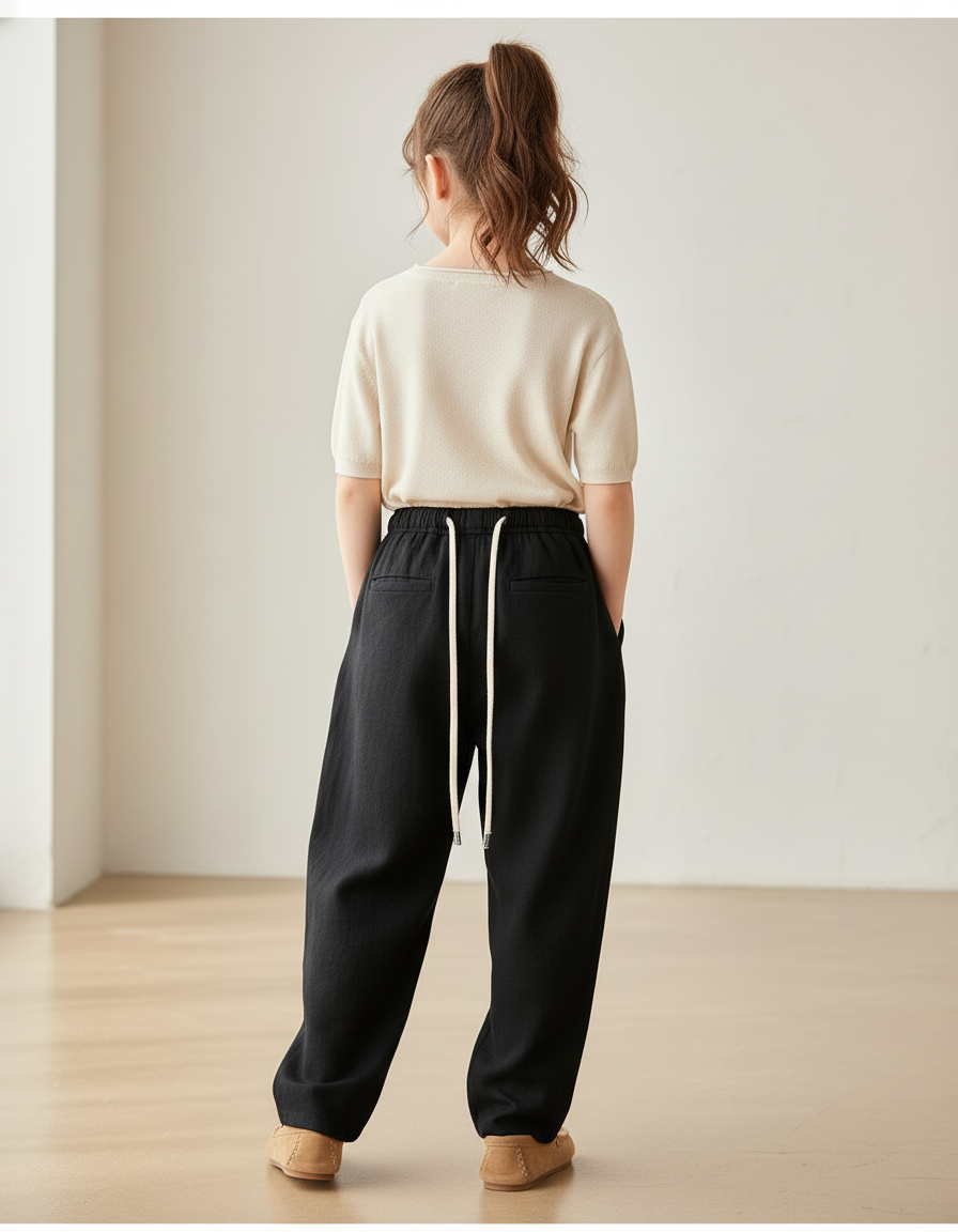 Pantalon Baggy Noir Lin Ample Enfant Cordon - vue 2