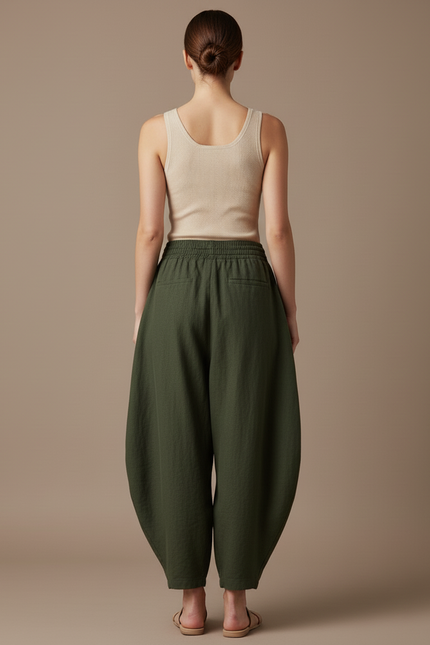 Pantalon Baggy Vert Ample Coton Femme Décontracté - Lin - vue 2
