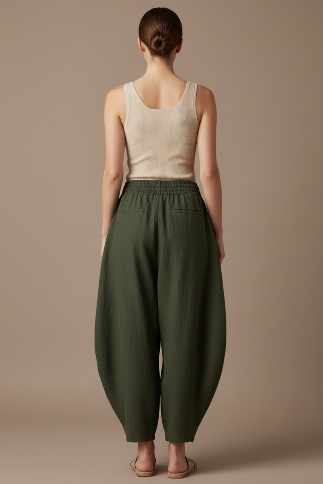 Pantalon Baggy Vert Ample Coton Femme Décontracté - Lin - vue 2