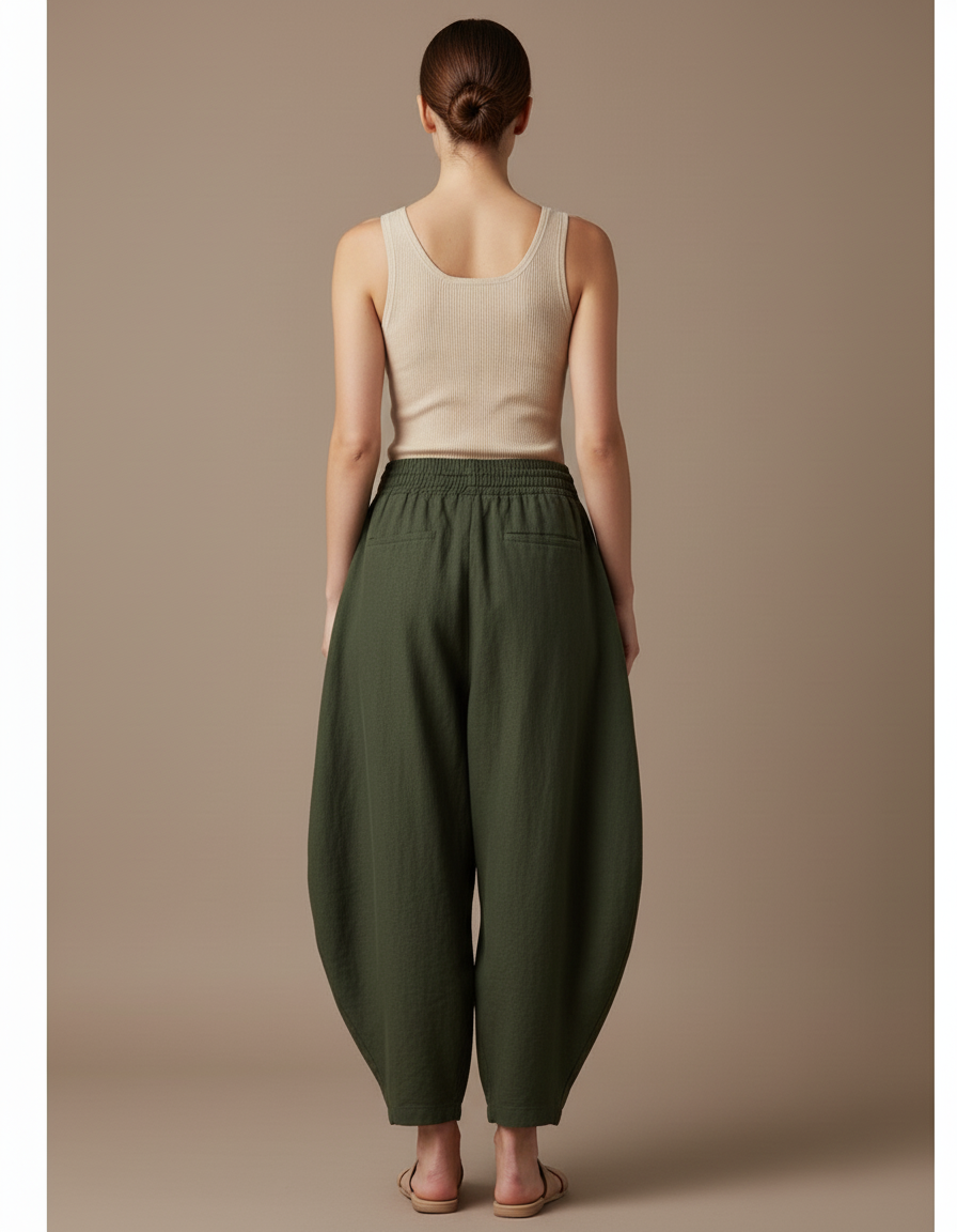 Pantalon Baggy Vert Ample Coton Femme Décontracté - Lin - vue 2