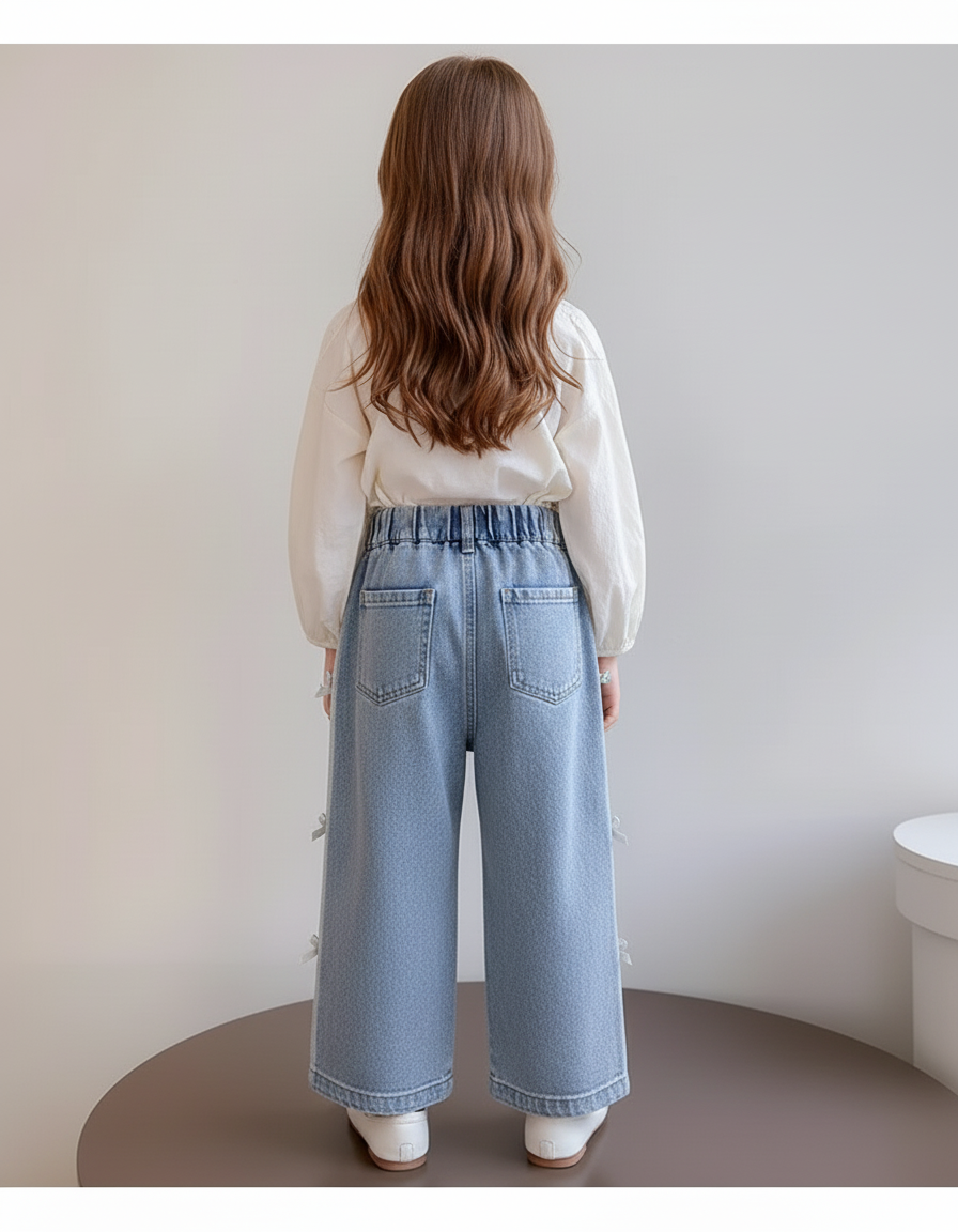 Pantalon Baggy Denim Bleu Ample Nœuds Latéraux Fille - Jean - vue 2