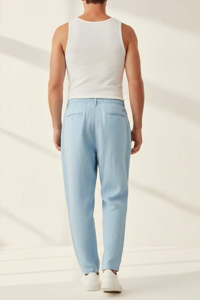 Pantalon Baggy Bleu Ciel Lin Cordon Décontracté Homme - vue 2