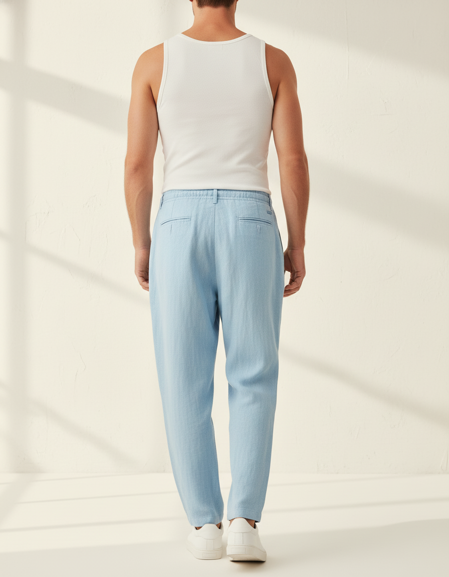 Pantalon Baggy Bleu Ciel Lin Cordon Décontracté Homme - vue 2