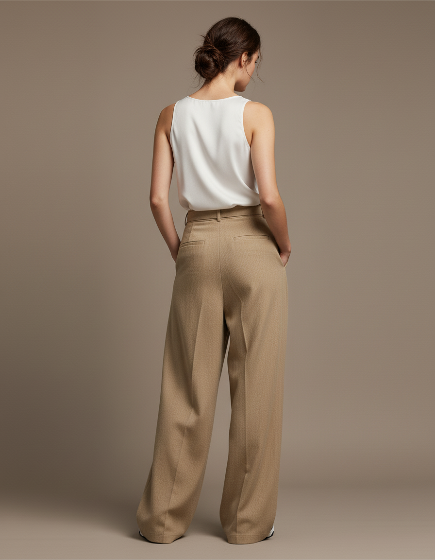 Pantalon Baggy Beige Ample Taille Haute Élégant - Laine - vue 2