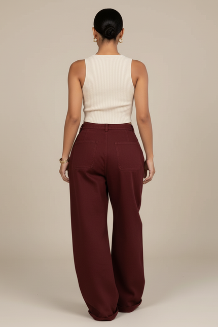 Pantalon Baggy Bordeaux Zippé Ouvert Décontracté Ample - Toile - vue 2
