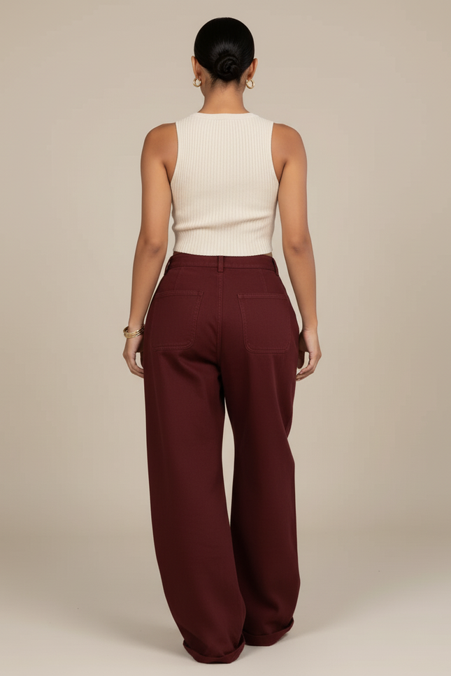Pantalon Baggy Bordeaux Zippé Ouvert Décontracté Ample - Toile - vue 2