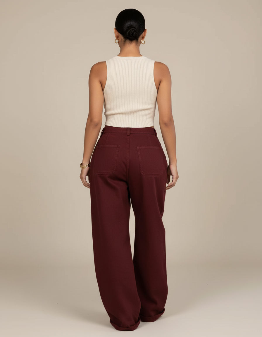 Pantalon Baggy Bordeaux Zippé Ouvert Décontracté Ample - Toile - vue 2