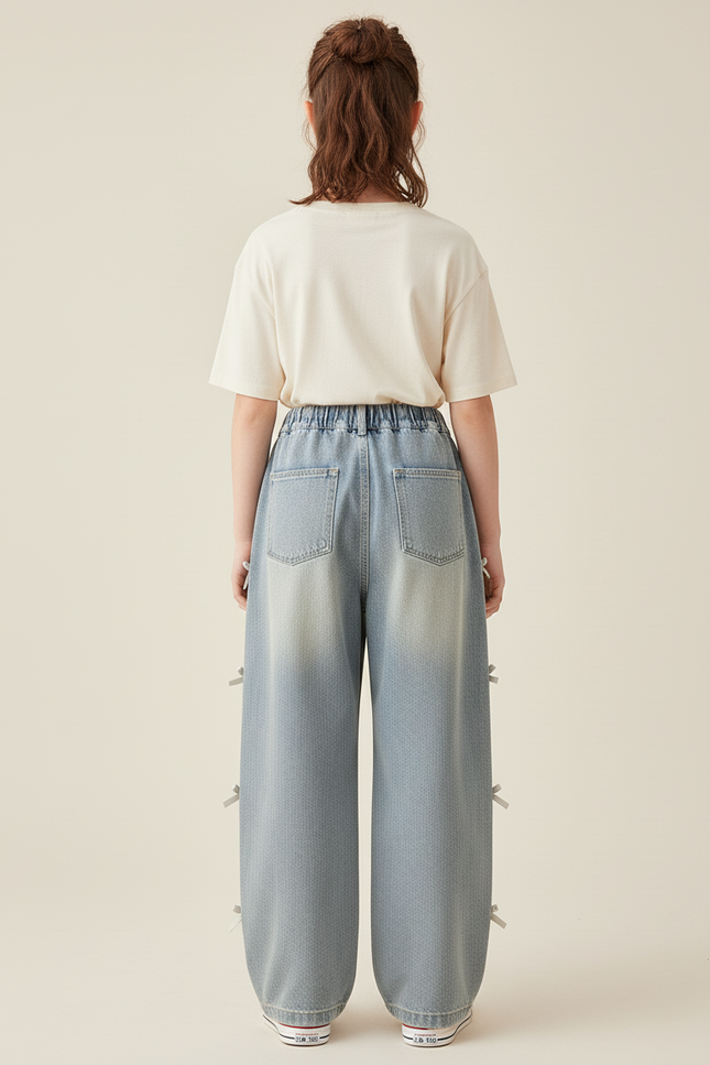 Pantalon Baggy Jean Bleu Ample Fille Nœuds Latéraux - vue 2