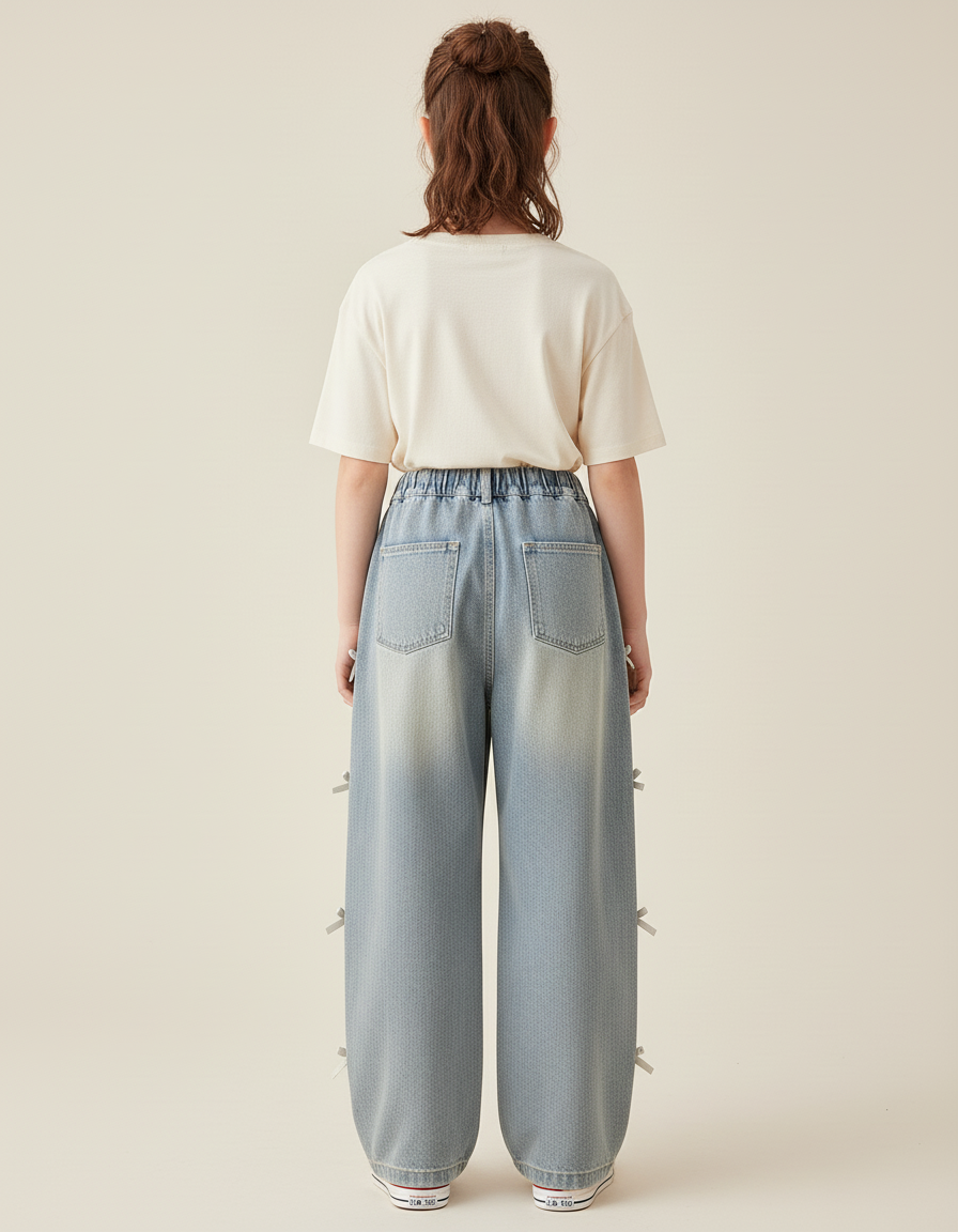 Pantalon Baggy Jean Bleu Ample Fille Nœuds Latéraux - vue 2