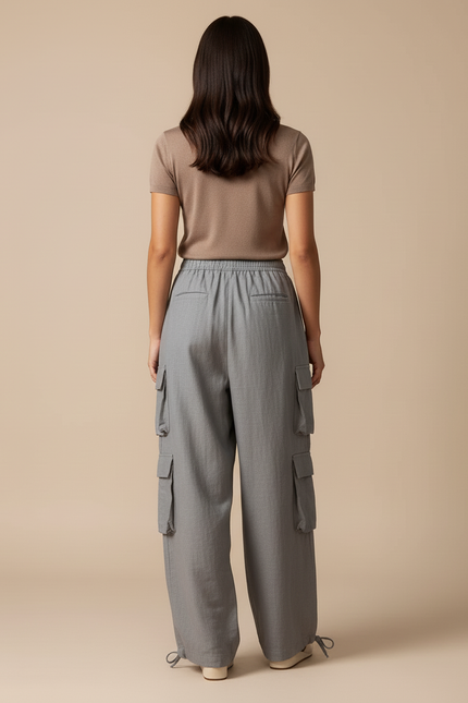 Pantalon Baggy Gris Cargo Ample Fluide Femme - Lin - vue 2