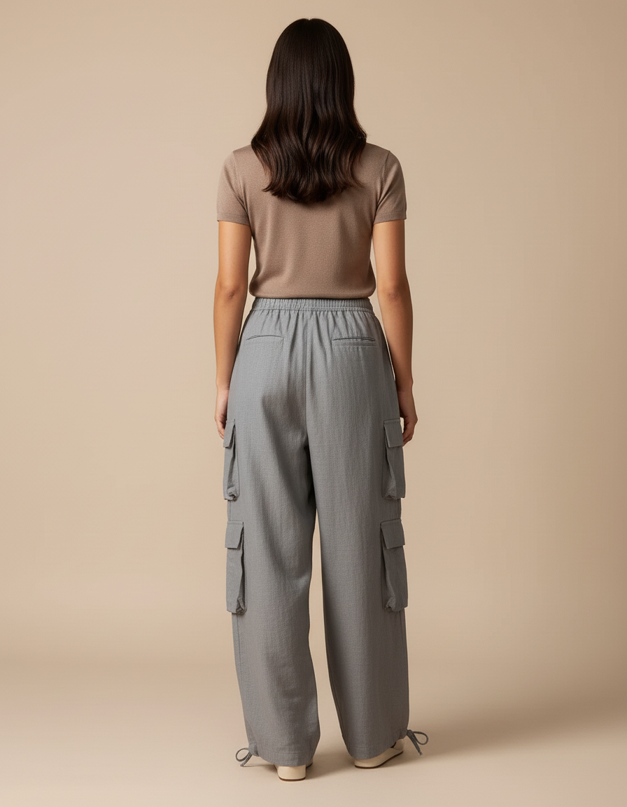 Pantalon Baggy Gris Cargo Ample Fluide Femme - Lin - vue 2