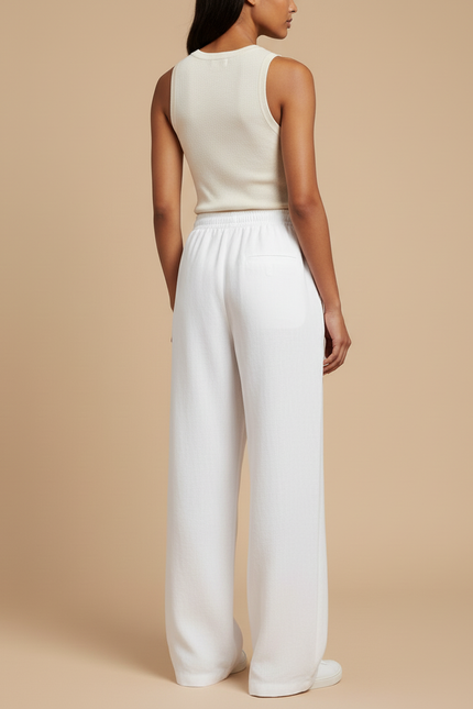 Pantalon Baggy Blanc Lin Ample Fluide Décontracté - vue 2