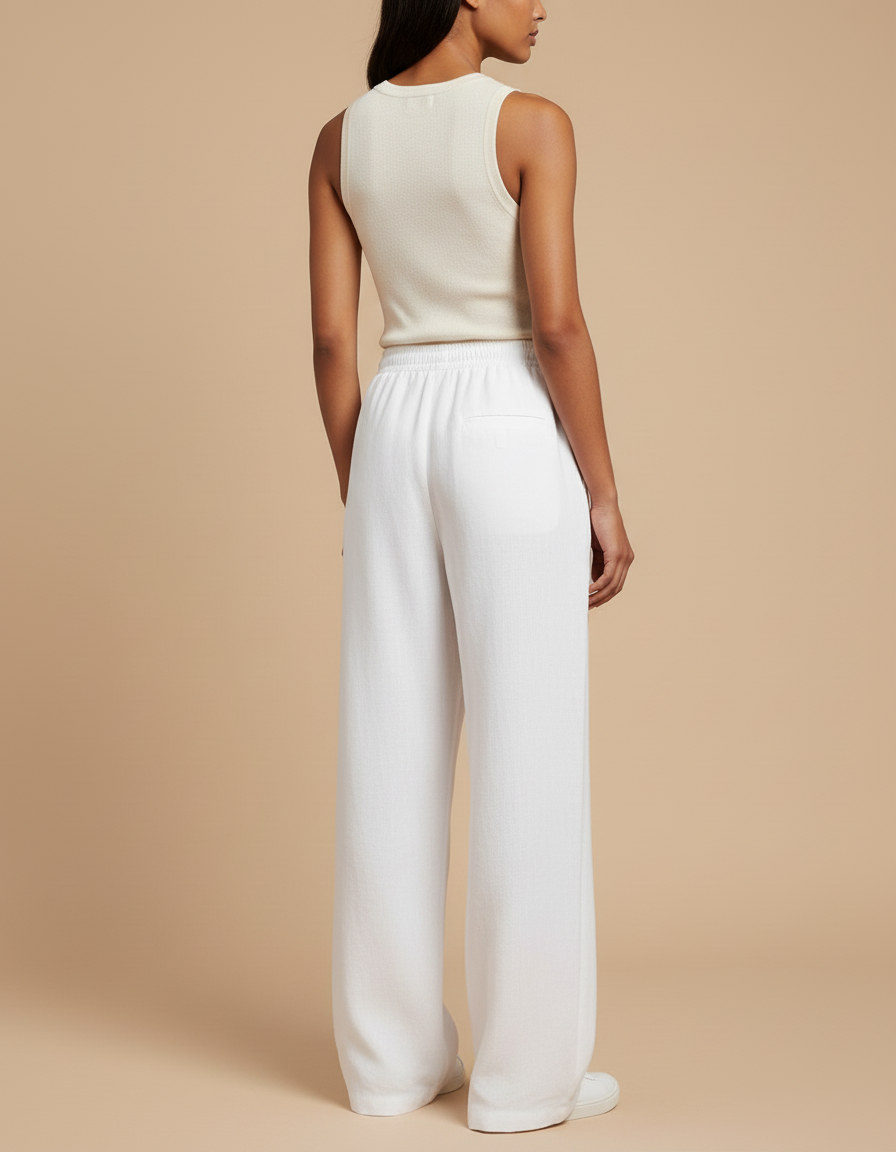 Pantalon Baggy Blanc Lin Ample Fluide Décontracté - vue 2