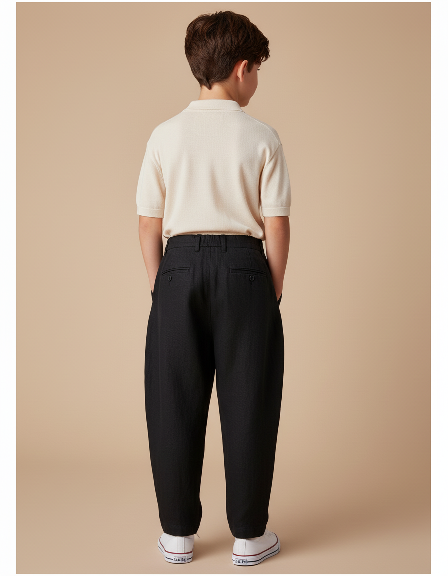 Pantalon Baggy Noir Lin Plissé Décontracté Enfant - vue 2