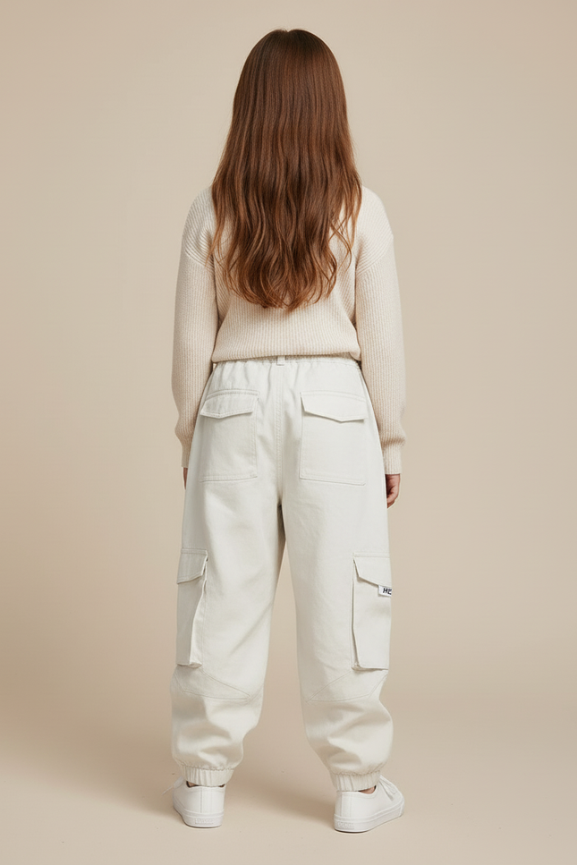 Pantalon Baggy Blanc Cassé Cargo Décontracté Fille - Beige Coton - vue 2
