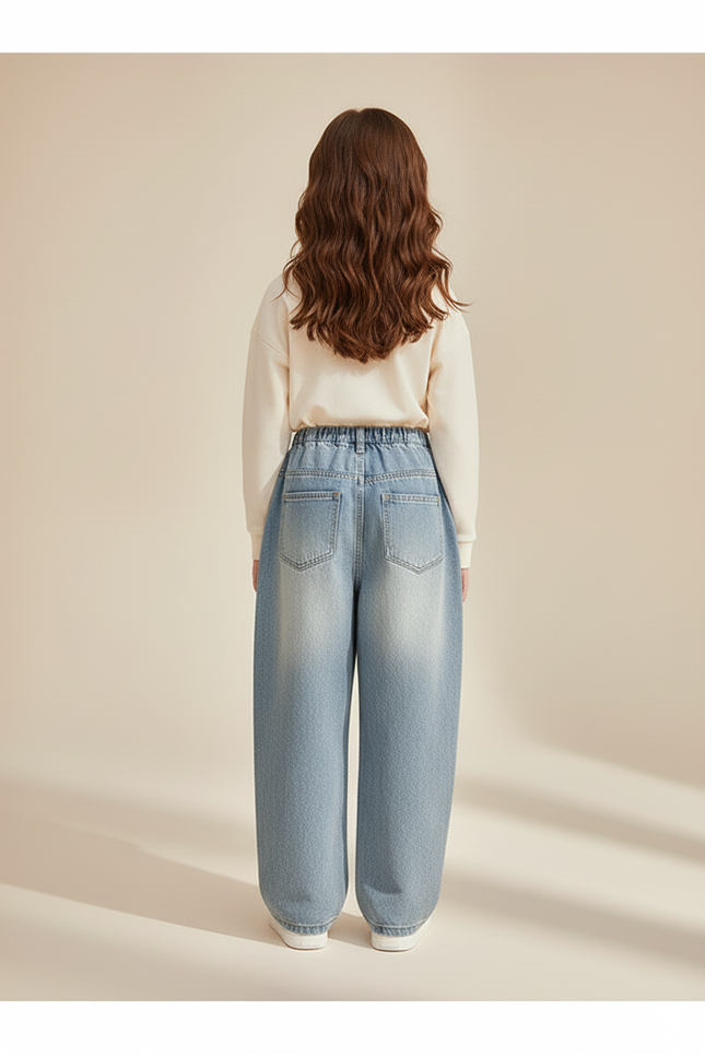 Pantalon Baggy Jean Bleu Clair Cœurs Brodés Ample Fille - vue 2