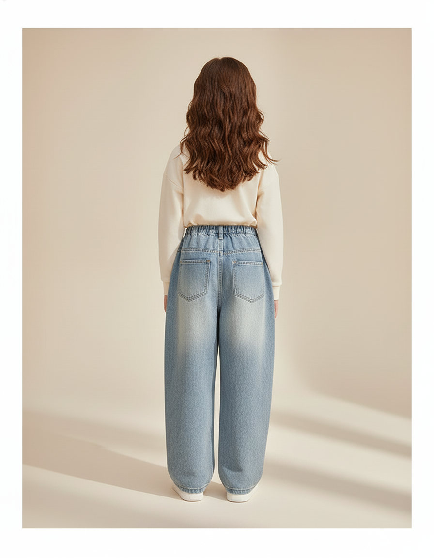 Pantalon Baggy Jean Bleu Clair Cœurs Brodés Ample Fille - vue 2