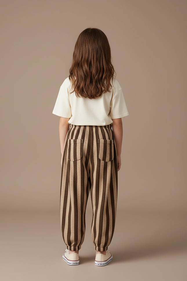 Pantalon Baggy Rayé Marron Ample Décontracté Enfant - Cordé - vue 2