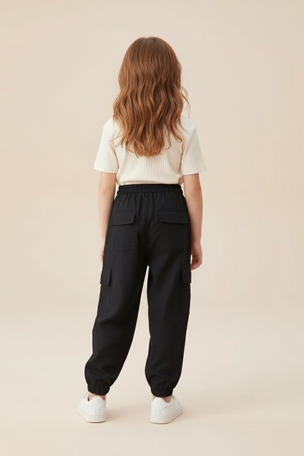 Pantalon Baggy Noir Cargo Décontracté Cordon Enfant - Polyester - vue 2