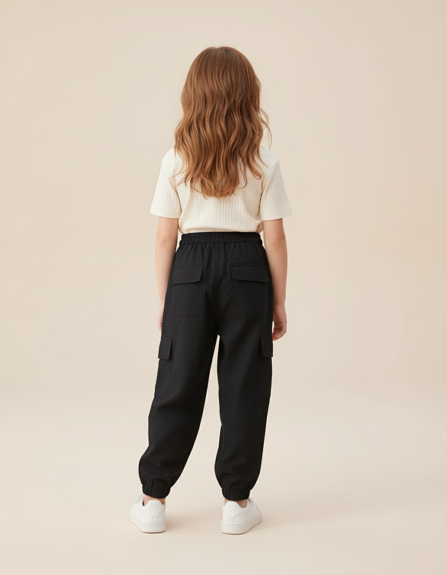 Pantalon Baggy Noir Cargo Décontracté Cordon Enfant - Polyester - vue 2