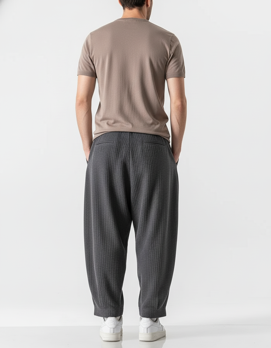Pantalon Baggy Côtelé Gris Plissé Ample Homme - Cordé - vue 2
