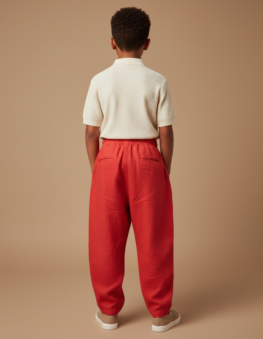 Pantalon Baggy Rouge Lin Ample Plissé Enfant - vue 2