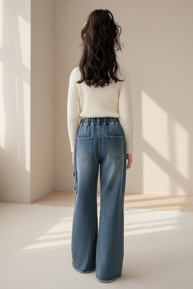 Pantalon Baggy Jean Bleu Ample Papillons Fille - vue 2