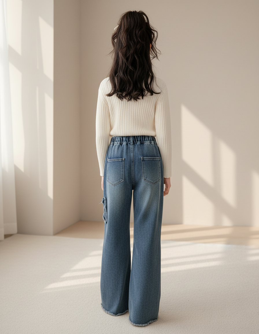 Pantalon Baggy Jean Bleu Ample Papillons Fille - vue 2