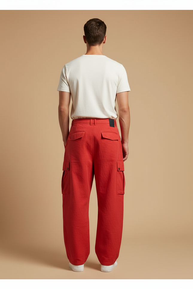 Pantalon Baggy Rouge Cargo Ample Lin Homme - vue 2